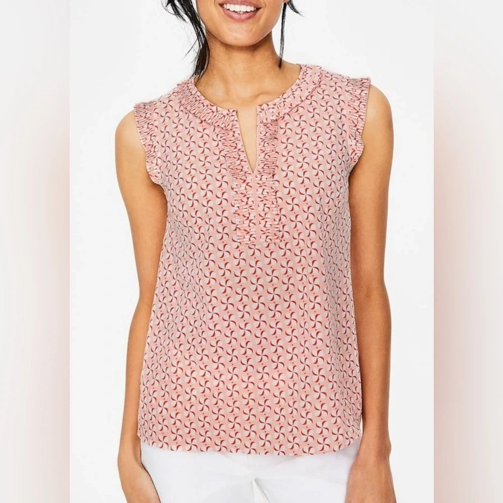 Boden US 6 Peggy Pinwheel Ruffle Pleated Blouse 0072 Sleeveless Printed Top pink - Picture 2 of 9